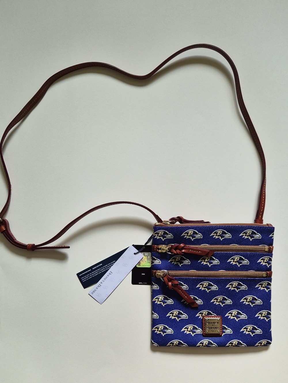 Dooney & Bourke Official RAVENS NFL Crossbody Bag with Brown Strap and Team Logo